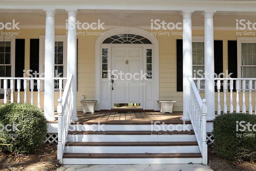 Front Porch Steps Of House With Columns Veranda Stock